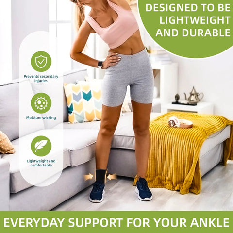 Woman standing in living room wearing Open Heel Ankle Support Sleeve With Light Breathable Knit Fabric, black, Size M.