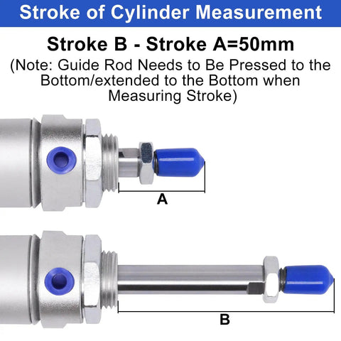 Image showing Compact Pneumatic Cylinder Kit With 32mm Bore And 50mm Stroke Double Acting Air Cylinder Including Y Connector And Two Quick Fittings MAL32X50 stroke measurement guide.