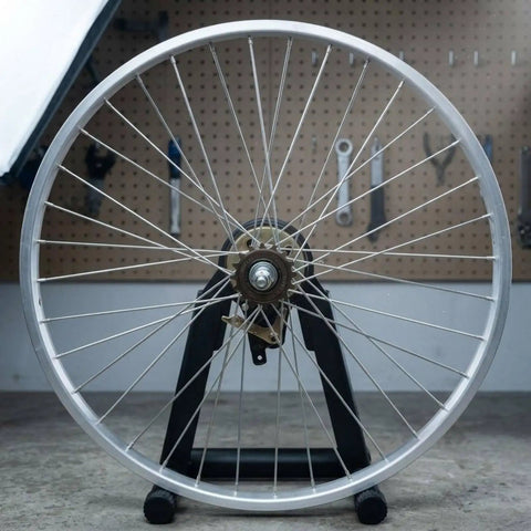 Slick Single Speed Rear Wheel Rim With Heavy Duty Aluminum Hub And Plug In Brake Assembly For No Sweat Bike Repair and Rock Solid Stopping Power Built To Roll All Week Long, 26 inch, silver, mounted brake.