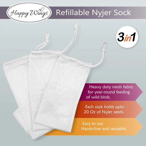 Refillable Nyjer Thistle Sock Feeder with three mesh socks, easy fill design for attracting finches and wild birds, pack of 1.