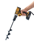 Side view of a yellow and black cordless drill with a long planting auger bit featuring spiral blades