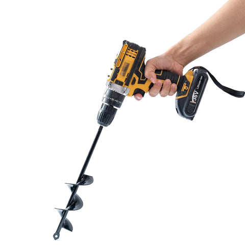 Side view of a yellow and black cordless drill with a long planting auger bit featuring spiral blades