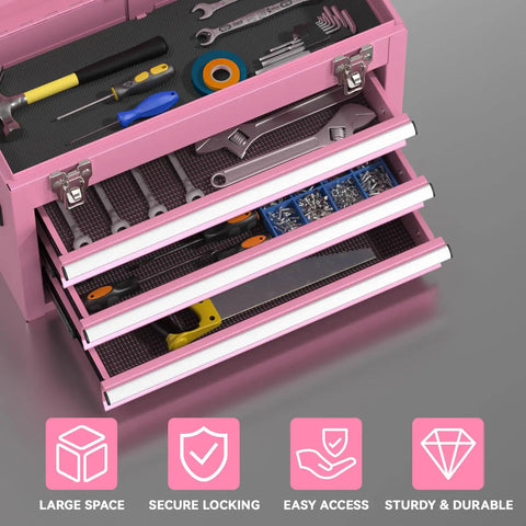 3-Drawer Metal Tool Box With Locking Mechanism And EVC Liners, Pink Finish, showing open drawers with tools inside, heavy-duty steel construction