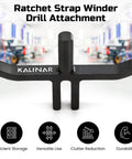 Black Ratchet Strap Winder Drill Bit Attachment for Effortless Tie Down Rolling, shown in a garage backdrop