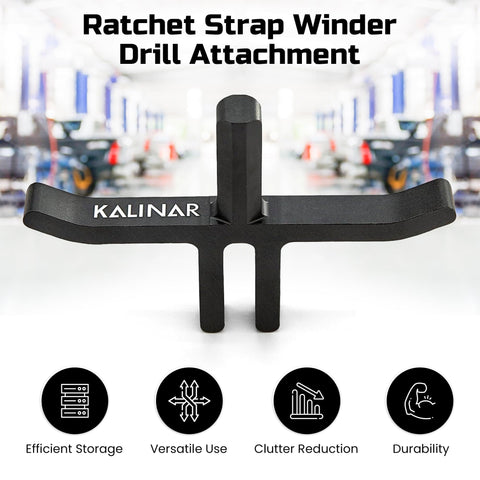 Black Ratchet Strap Winder Drill Bit Attachment for Effortless Tie Down Rolling, shown in a garage backdrop