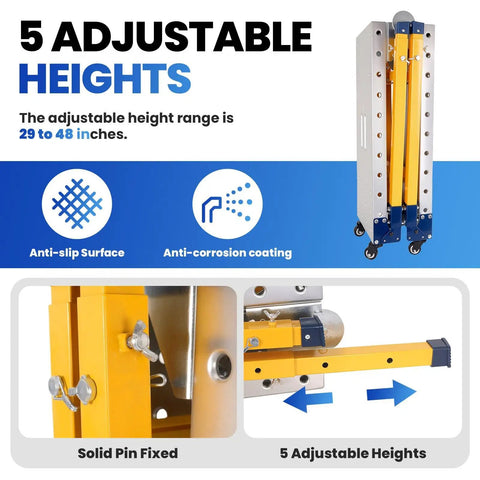 Pro Grade Folding Welding Table Built Tough With Hella Sturdy Steel Frame, Adjustable Height Workbench For Garage Shops showing adjustable height features.