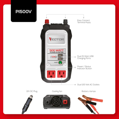 Badass Heavy Duty 500 Watt Power Inverter With Dual Usb Ports Vehicle Battery Clamps And 12V Dc Plug For Ride Ready Camping Tailgating Adventures Grey Converter front view with dual AC outlets and USB ports.