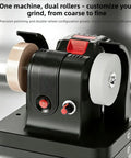 Asixxsix Mini Bench Grinder With Two Wheels And Stepless Speed Control showing dual rollers and speed control knob for precise polishing.