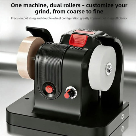 Asixxsix Mini Bench Grinder With Two Wheels And Stepless Speed Control showing dual rollers and speed control knob for precise polishing.