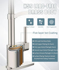 All In One Kitchen Faucet With Soap Dispenser And Pull Down Sprayer Dual Function Spray Head With Deck Plate Nickel Brushed Finish, cutaway view showing brass body and ion coating.