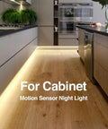 Kitchen illuminated with Motion Activated Bed Light With Flexible LED Strip under cabinets