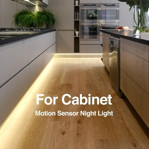 Kitchen illuminated with Motion Activated Bed Light With Flexible LED Strip under cabinets