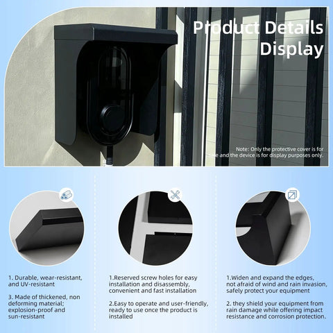 Heavy Duty Galvanized Steel EV Charger Rain Canopy Weatherproof Sun Shade mounted on wall, showing sleek black design and secure installation.