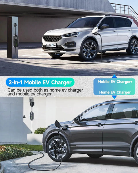 Level 2 EV Charger With 32 Amp Adjustable Current 25 Ft UL Listed Cable connected to vehicles, showcasing charging flexibility.