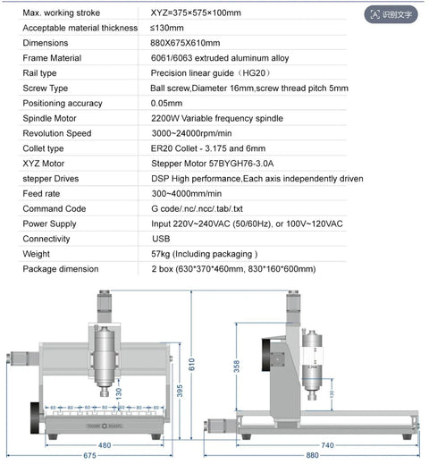 Bulletproof Hg20 Linear Guide Rail Setup Delivers Slick 2200W Spindle Punch For A Badass 6040 CNC Router showing specifications and dimensions.