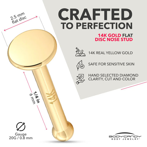 Solid 14K Yellow Gold Nose Ring 20 Gauge With 2.5mm Flat Disc End Durable Nose Bone Stud For Women And Men Tarnish Resistant Hypoallergenic Comfort Fit Dope Jewelry close-up with 2.5mm disc