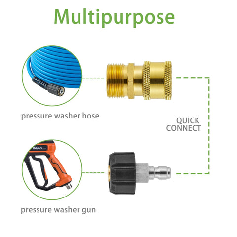 Pressure washer hose and orange spray gun with brass M22 to 1/4-inch quick-connect adapter and matching connector