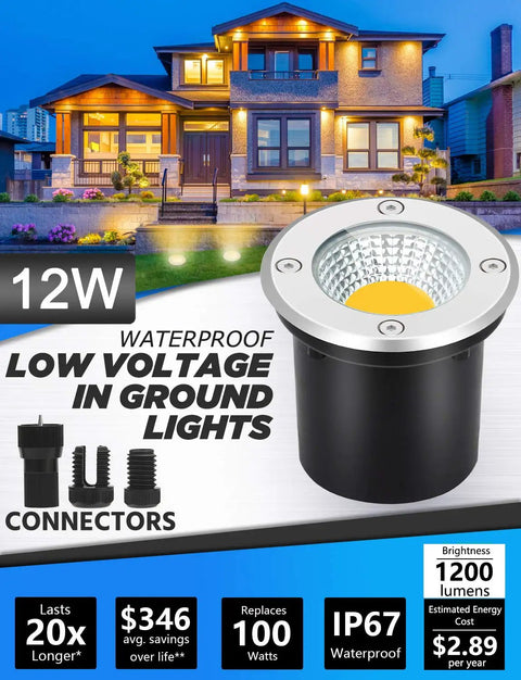 Low Voltage Landscape Well Lights With Wire Connectors 12W LED IP67 Waterproof In-Ground Garden Lights 12V-24V Warm White For Pathway Driveway Deck Yard 10 Pack With Connectors