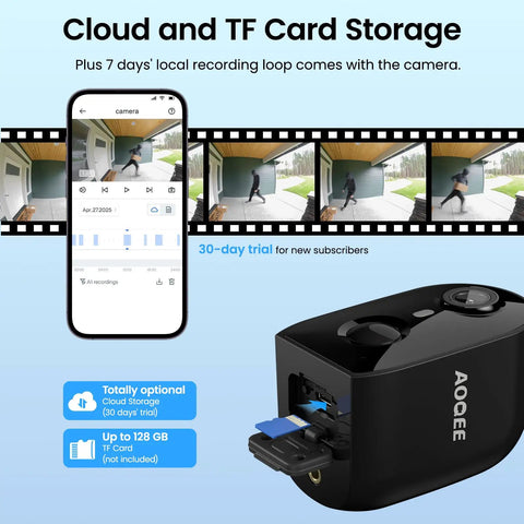 Outdoor Wireless Security Camera Kit With 2.4GHz WiFi Battery Power Solar Panel Color Night Vision AI Motion Detection SD Card Or Cloud Storage Works With Alexa And Smart Home showing cloud and TF card storage options.