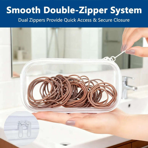 Clear Hard Shell Zipper Case For Everyday Carry And Travel Ready Getaways Solid Plastic Storage Bag For Makeup Toiletries Electronics And Accessories Organizer That Is Simply Squad Approved, showing dual zipper system with hair ties.