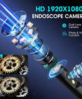 Dual Lens Endoscope Camera With Light Pro Grade HD 1920P Borescope For Pipes And Car Repairs, 4.3 Inch LCD, IP67 Waterproof, 16.4 Ft Semi-Rigid Cable, 8 LED Lights, 32GB Card Included. exploded lens view