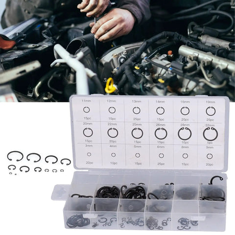 Auto Repair Snap Ring Kit For Home Garage, 300 pcs of internal and external retaining rings in open box with engine work in background