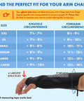 Size guide for Genuine Cowhide Leather Arm Sleeves and Extended Elbow Guards with knuckle and forearm measurements.