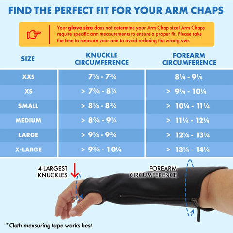 Size guide for Genuine Cowhide Leather Arm Sleeves and Extended Elbow Guards with knuckle and forearm measurements.