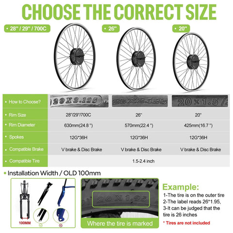 Guide showing wheel size compatibility for Front Hub Motor Electric Bike Conversion Kit for 26 inch and 700C wheels