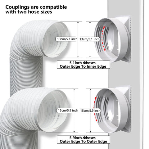 Sliding Door Air Conditioner Vent Kit With Universal Five Point Nine Inch Hose And Coupler showing hose size compatibility chart