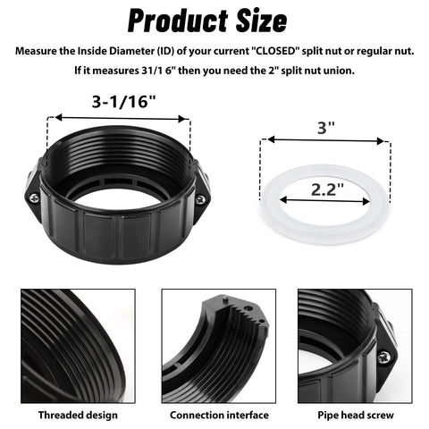 Adabuing 2-inch spa heater split nut union with screw and white gasket, black plastic threaded coupling, 2-pack