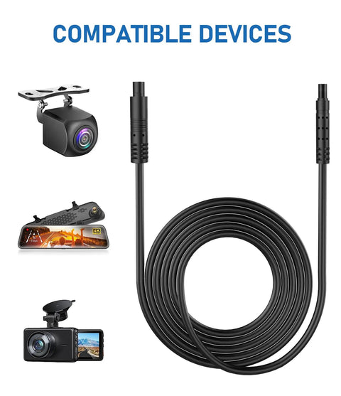 4Pin Backup Camera Extension Cable 10Ft 4P Pure Copper Shielded Dash Cam Rear View Cord, coiled with compatible devices shown