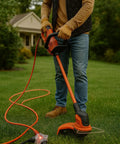 Person using Heavy Duty 200 Ft Extension Cord 12 Gauge Indoor Outdoor With Lighted End And Three Outlets outdoors with power tool