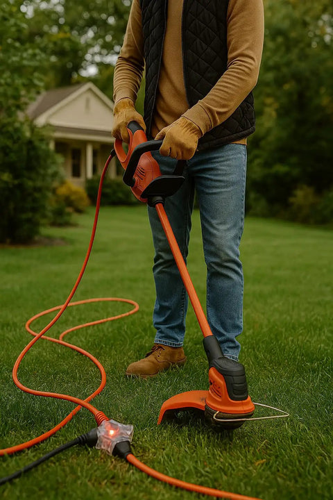 Person using Heavy Duty 200 Ft Extension Cord 12 Gauge Indoor Outdoor With Lighted End And Three Outlets outdoors with power tool