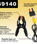 K Type Pipe Clamp Thermometer for HVAC and Multimeters, Wide Range -40 to 392 F, shown with banana plug adapter and flexible lead