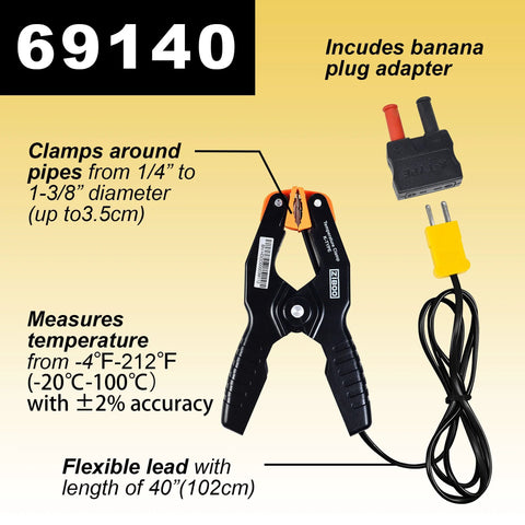 K Type Pipe Clamp Thermometer for HVAC and Multimeters, Wide Range -40 to 392 F, shown with banana plug adapter and flexible lead