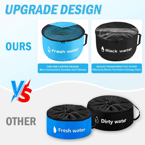 5 Pack RV Sewer Hose Storage Bags With Visible Covers and Two Way Zippers comparing fresh and black water designs