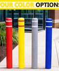 Four Heavy Duty Blue Safety Bollard Covers in red, yellow, gray, and blue with high visibility reflective tape.
