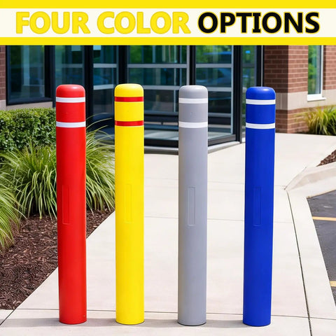 Four Heavy Duty Blue Safety Bollard Covers in red, yellow, gray, and blue with high visibility reflective tape.