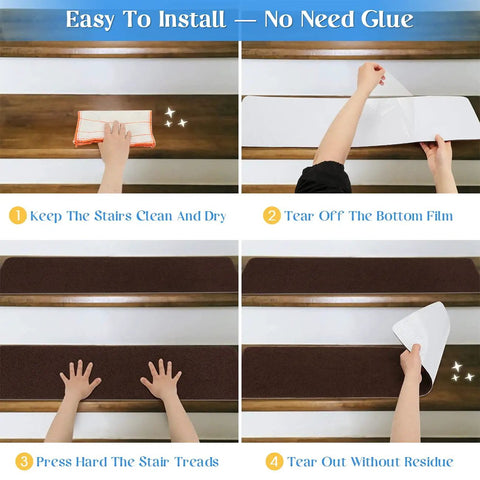 Non Slip Stair Treads Carpet Indoor 14 Pack For Wooden Steps Anti Moving Stair Rugs Safe For Dogs Elders And Kids 8 x 30 Inches Grey White Durable Grippy Backing Easy Self Adhesive Installation in installation steps diagram.