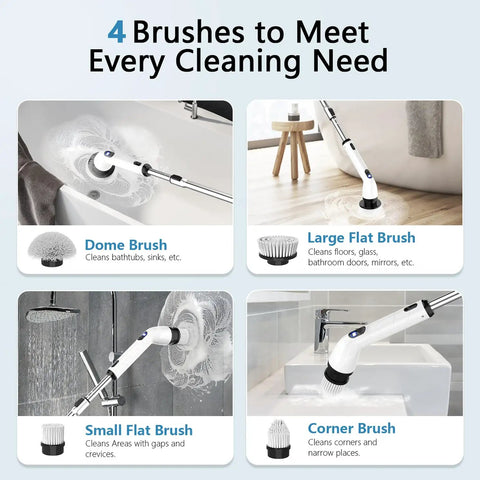 Four brush heads for Electric Spin Scrubber Cordless With Full Body IPX7 Waterproof Design LCD Display Adjustable Extension Handle