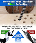 Long 12 Inch Auger Drill Bit Set For Wood With Self Feeding Screw Tip 6 Piece Kit Ranging From One Quarter Inch To Seven Eighths Inch For Fast Boring In Hardwood Softwood Plastic Drywall And Other Composite Materials in use drilling holes in wood, showcasing durability and heat treatment details.