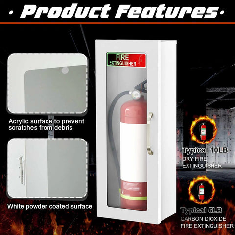 10 Lb Fire Extinguisher Cabinet Wall Mount White Steel With Glow In The Dark Sign Sticker For Dry Chemical Fire Extinguishers Indoor Outdoor Industrial Wall Box Case Surface Mount with acrylic panel and extinguisher inside
