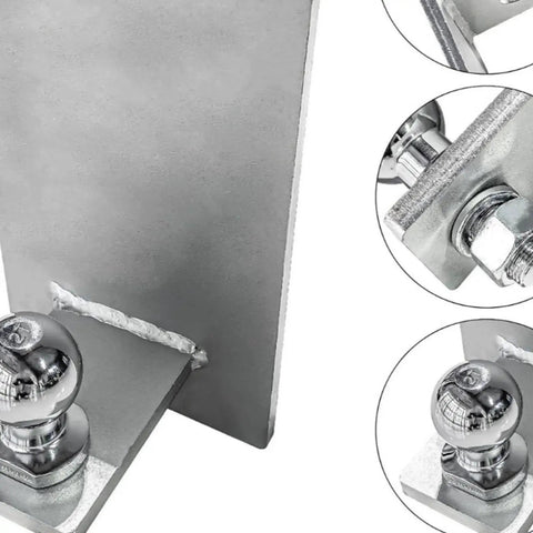 Close-up of Heavy Duty Welded Hitch Coupler With Integrated Tow Ball, showcasing steel construction and secure hook-up features.