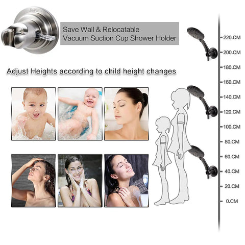 Adjustable No Drill Suction Cup Shower Head Holder with child height chart and images showing versatile usage.