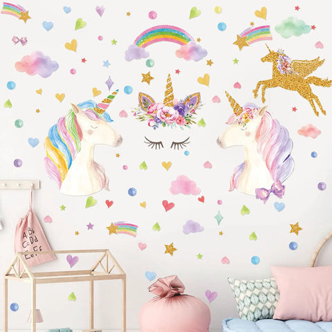 Stars Wall Decals Set With Unicorn And Clouds Glow In The Dark in a Kids Room with Rainbows, Flowers, Hearts, and Bubbles