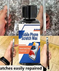 Easy Fix Screen Scratch Remover Kit With Polishing Cream And Sponge For Watches Glasses Laptops And Electronics bottle next to scratched and restored phones