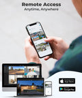 Person using app for remote access to 16 Channel PoE NVR For Home Security With Preinstalled 4TB Drive, various devices shown