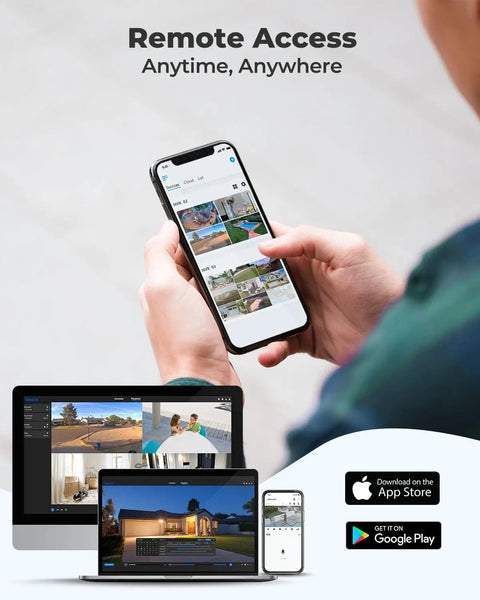Person using app for remote access to 16 Channel PoE NVR For Home Security With Preinstalled 4TB Drive, various devices shown