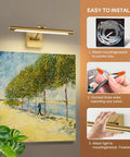 Installation guide for Dimmable LED Picture Light With Swing Arm, 16.5 Inch Dope Brass Finish Wall Lamp, highlighting three steps.